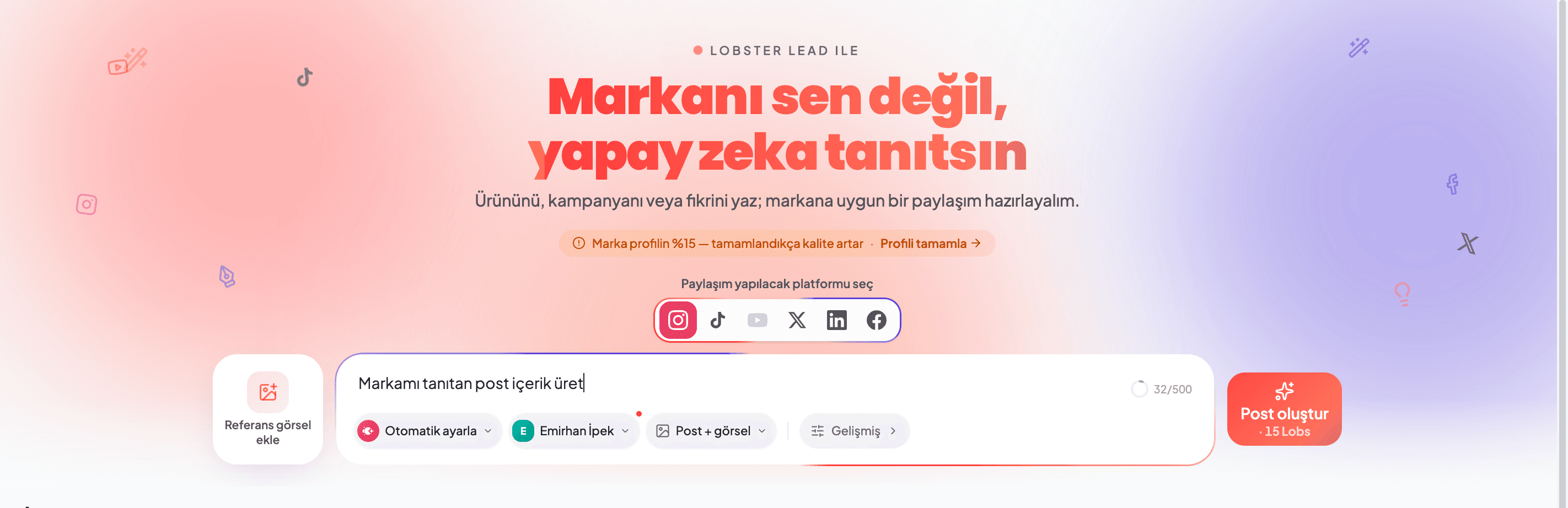 LobsterLead 6 sosyal medya platformu için içerik üretim arayüzü