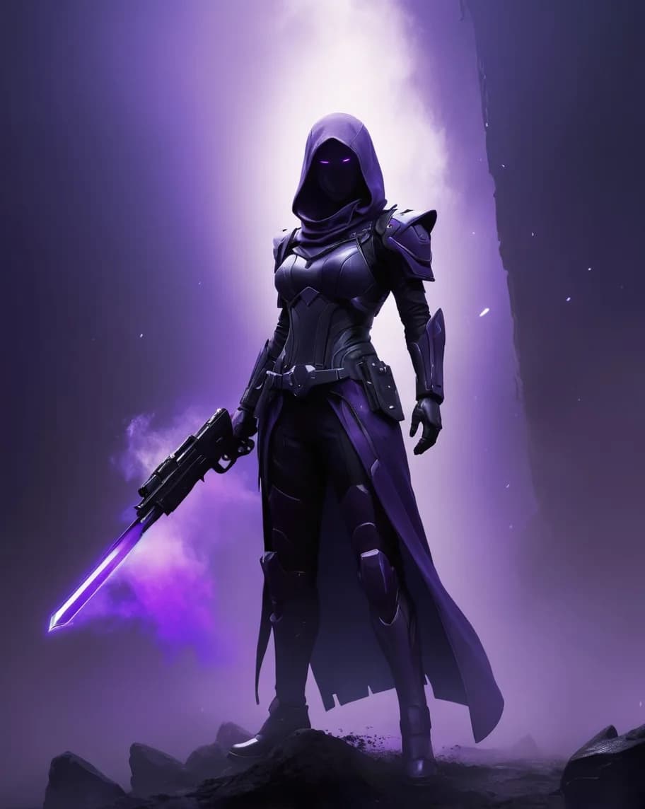 A hooded warrior holding a glowing sword under purple light
