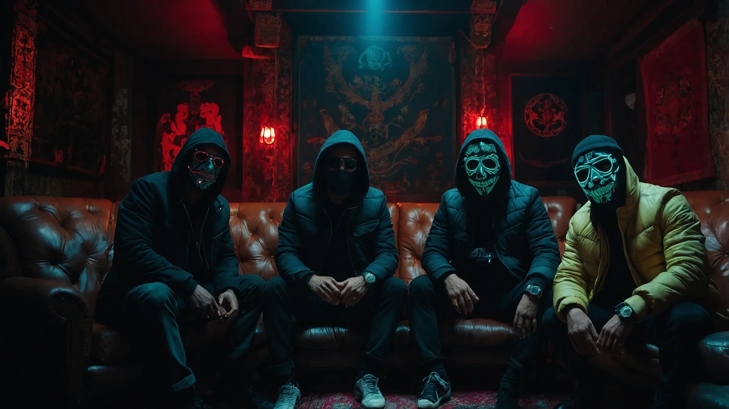 A masked, hooded group in a red-lit room