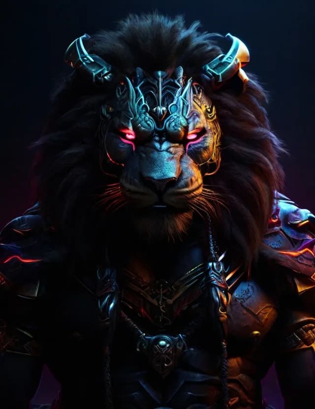 An armoured, lion-headed fantasy creature