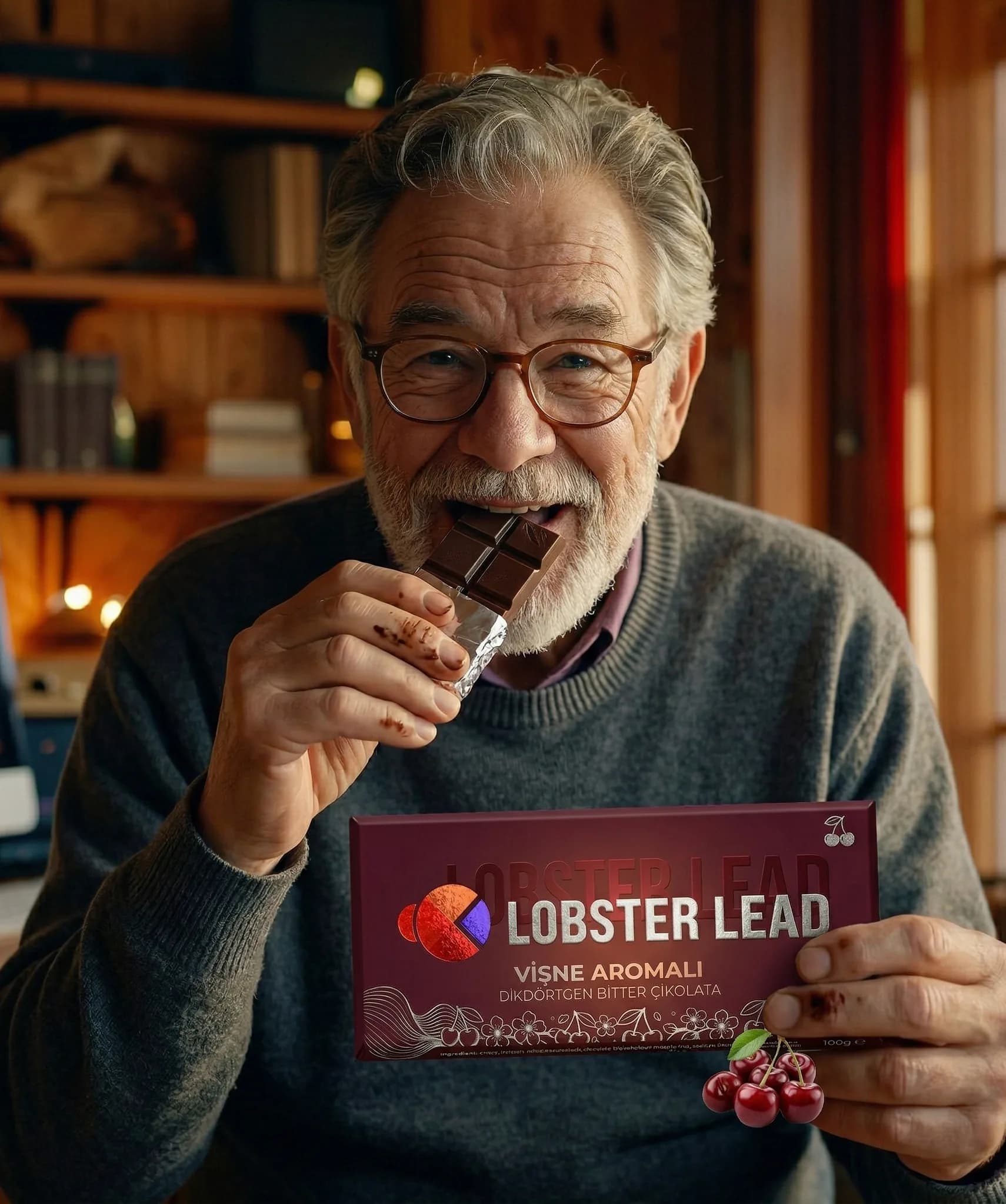 An older man in glasses takes a bite of a Lobster Lead chocolate bar in his study