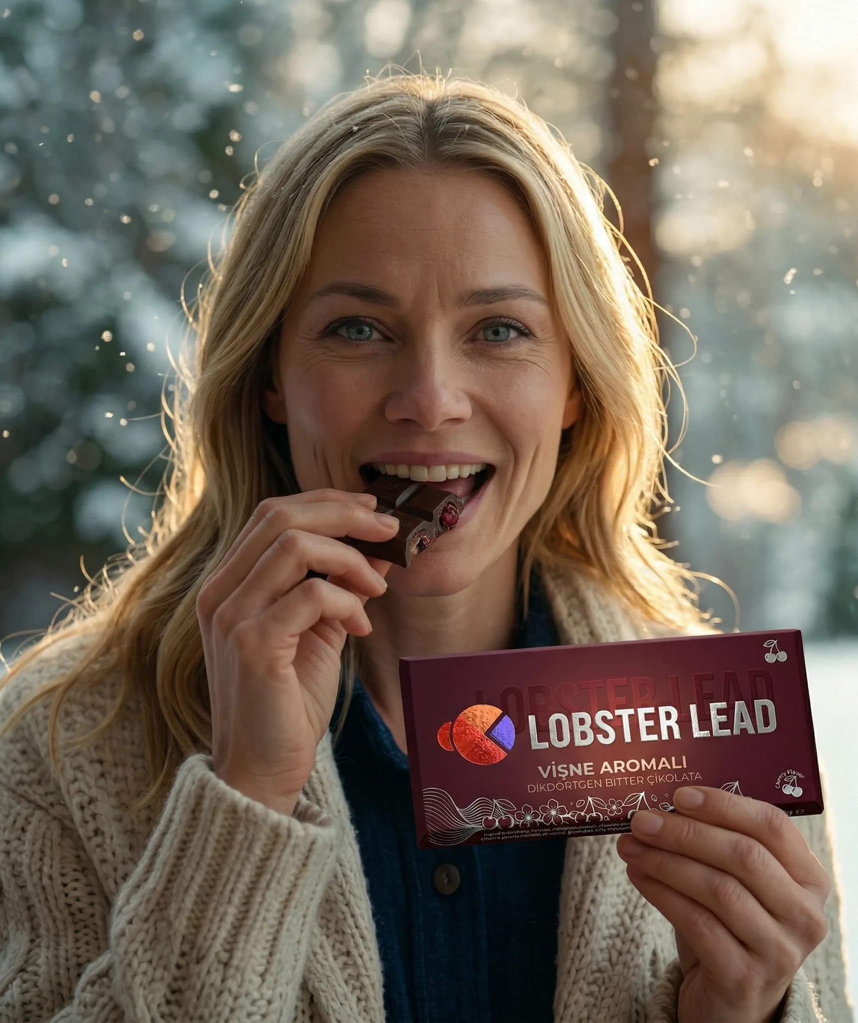 A smiling woman eats a Lobster Lead chocolate bar in a snowy forest