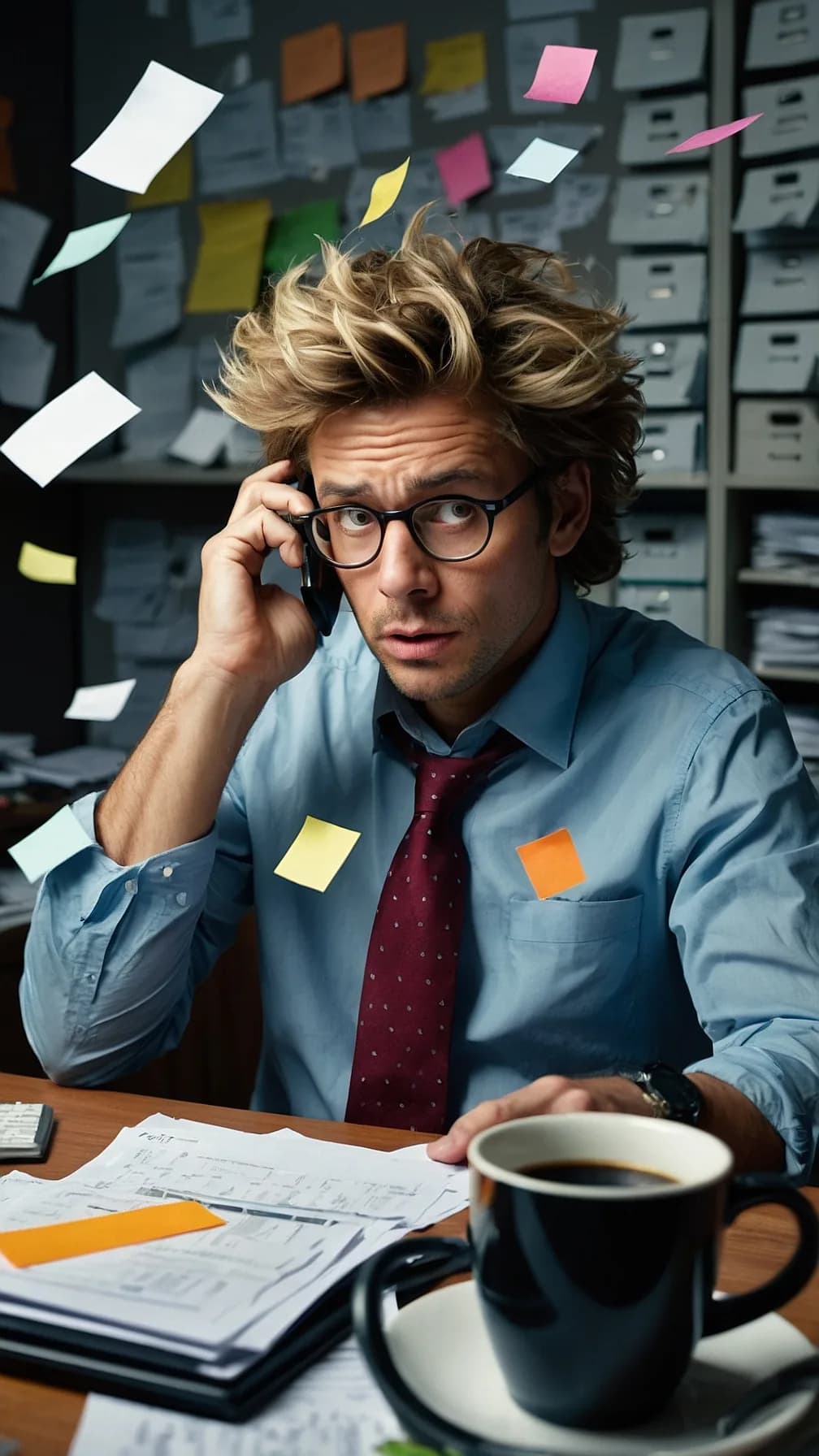 A tired office worker on the phone among sticky notes